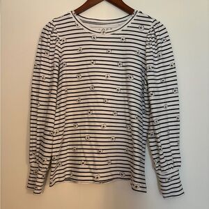 LOFT Size M Striped Black & White Floral Long Sleeve Top